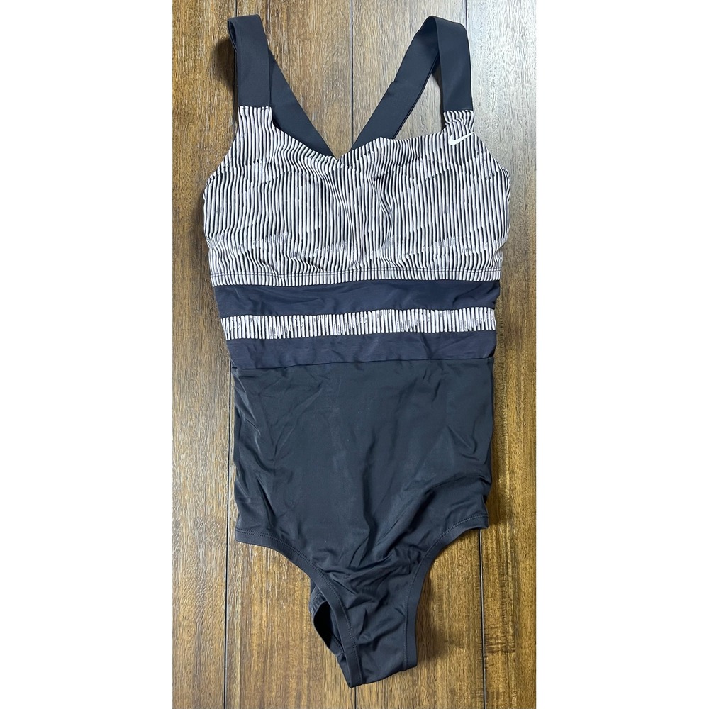 Nike Swimsuit Womens 1X Black White Striped One Piece Crossback Athletic Swim